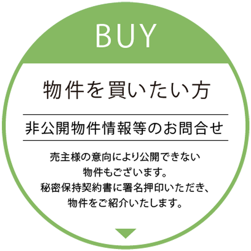 BUY 物件を買いたい方 非公開物件情報等のお問合せ 売主様の意向により公開できない物件もございます。秘密保持契約書に署名押印いただき、物件をご紹介いたします。